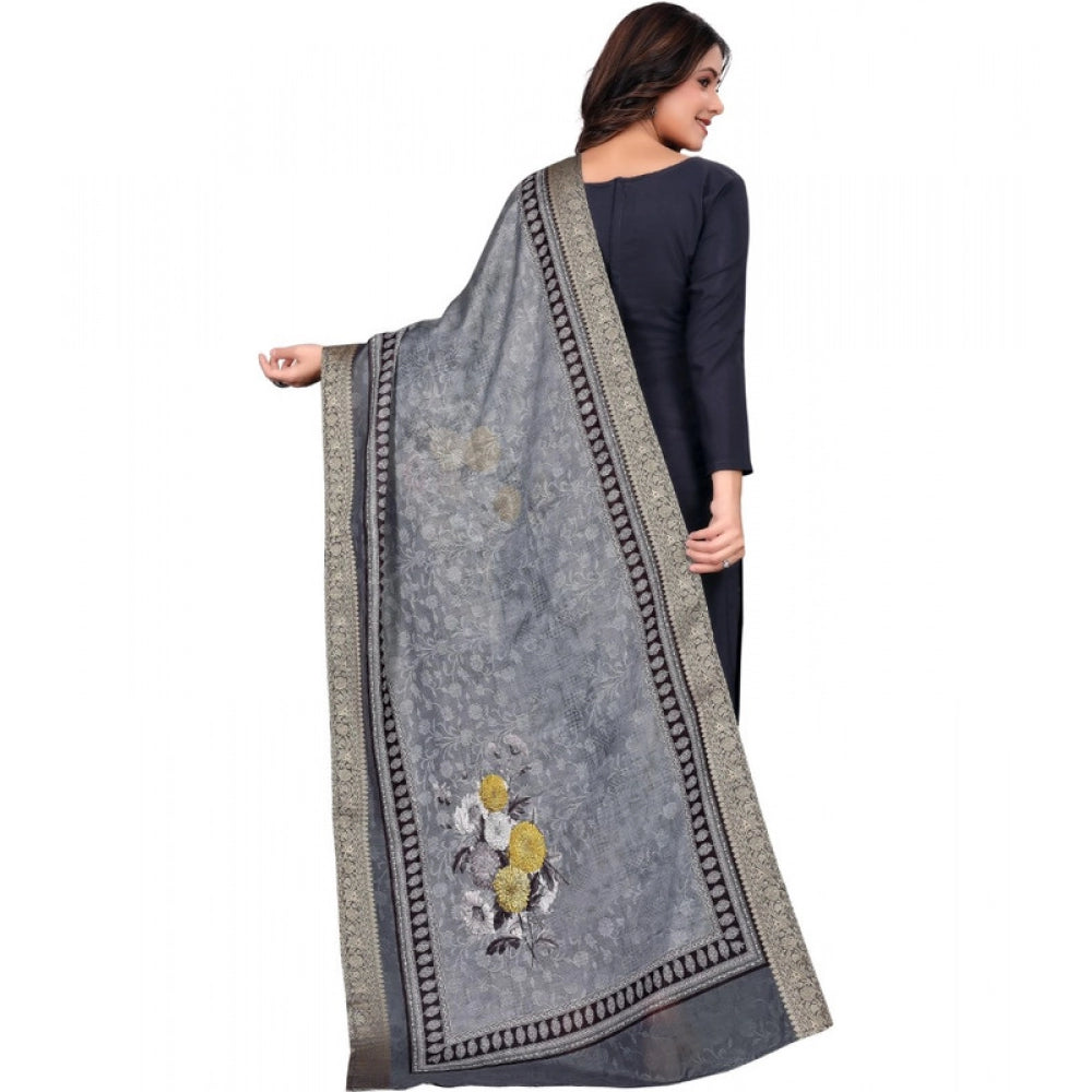 Generic Women's chanderi silk  Printed Dupatta (Gray, Length: 2 Mtr) Secondary image
