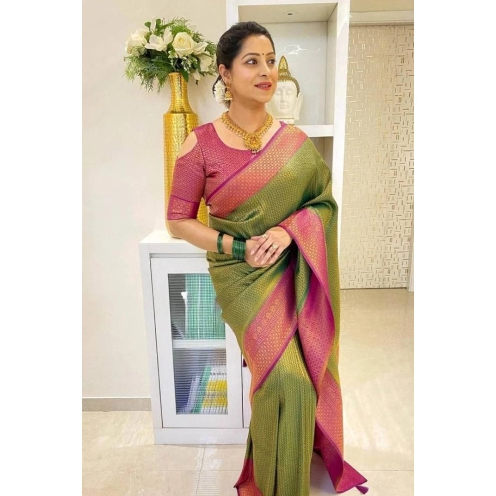 Generic Women's Soft Lichi Silk Printed Saree With Unstitched Blouse 5.5Mtr (Mehndi-Green) Secondary image