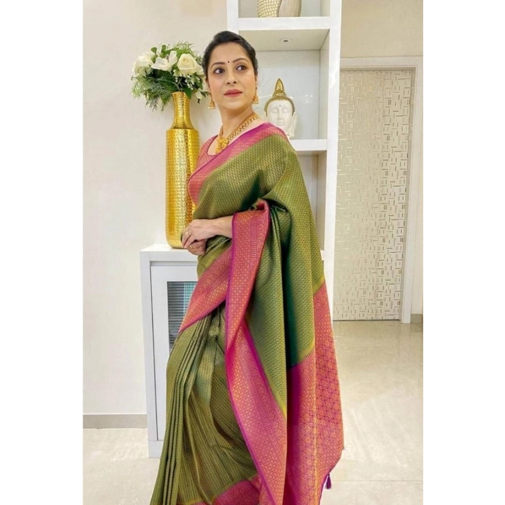Generic Women's Soft Lichi Silk Printed Saree With Unstitched Blouse 5.5Mtr (Mehndi-Green) Main image
