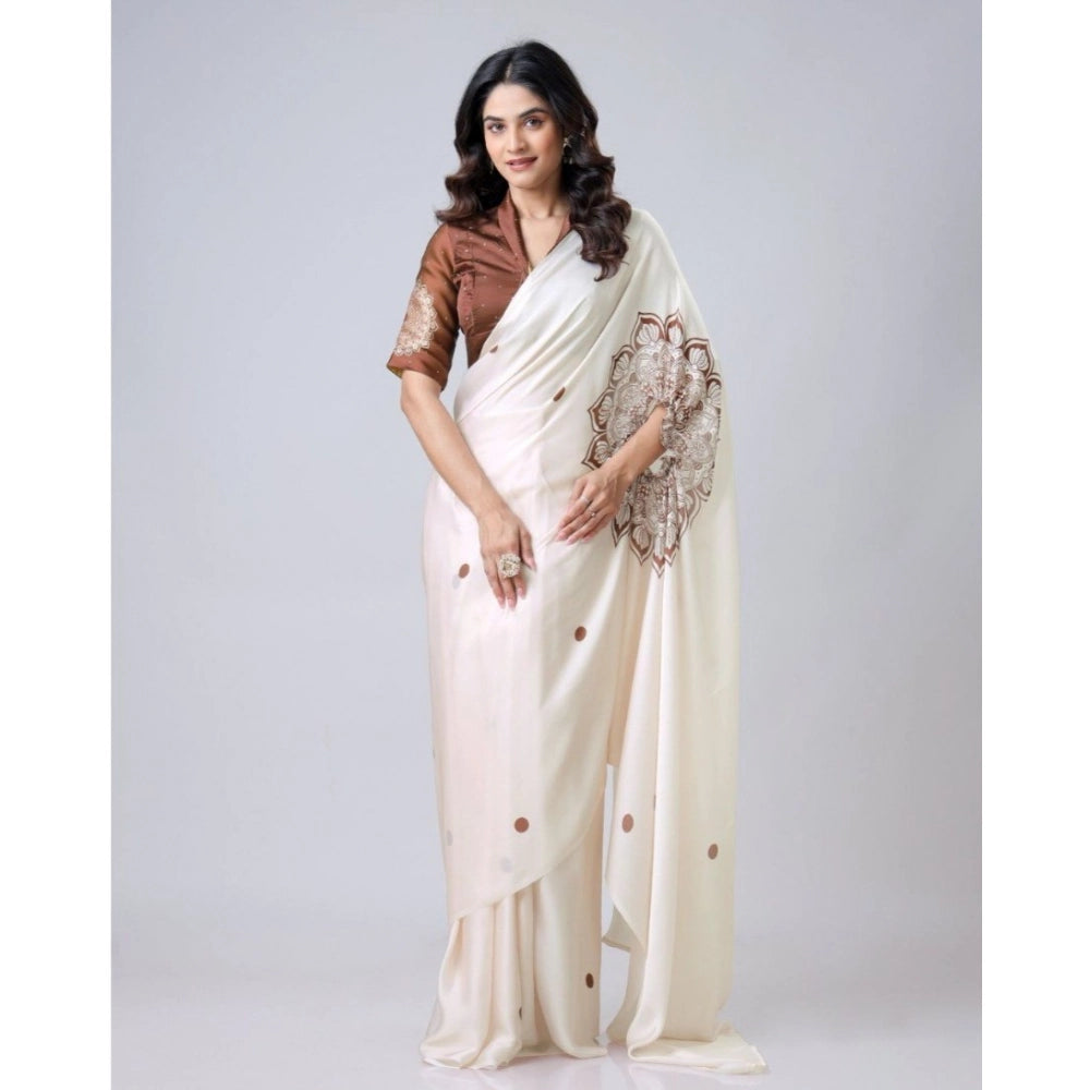 Generic Women's Soft Crepe Silk Printed Ready To Wear Saree With Unstitched Blouse 5.5Mtr (Off White) Main image