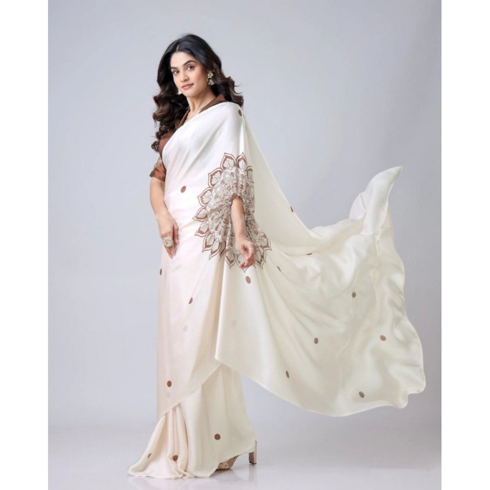 Generic Women's Soft Crepe Silk Printed Ready To Wear Saree With Unstitched Blouse 5.5Mtr (Off White) Secondary image