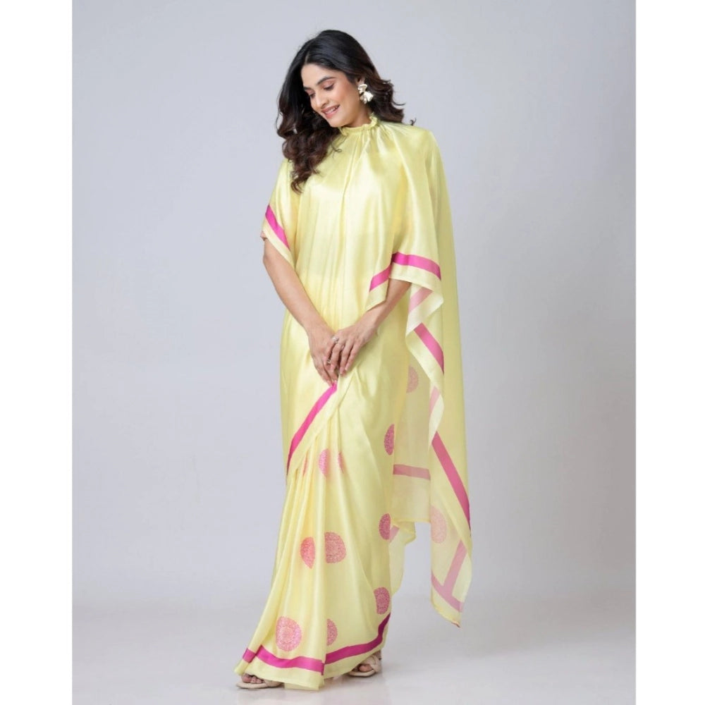 Generic Women's Soft Crepe Silk Printed Ready To Wear Saree With Unstitched Blouse 5.5Mtr (Light Yellow) Main image