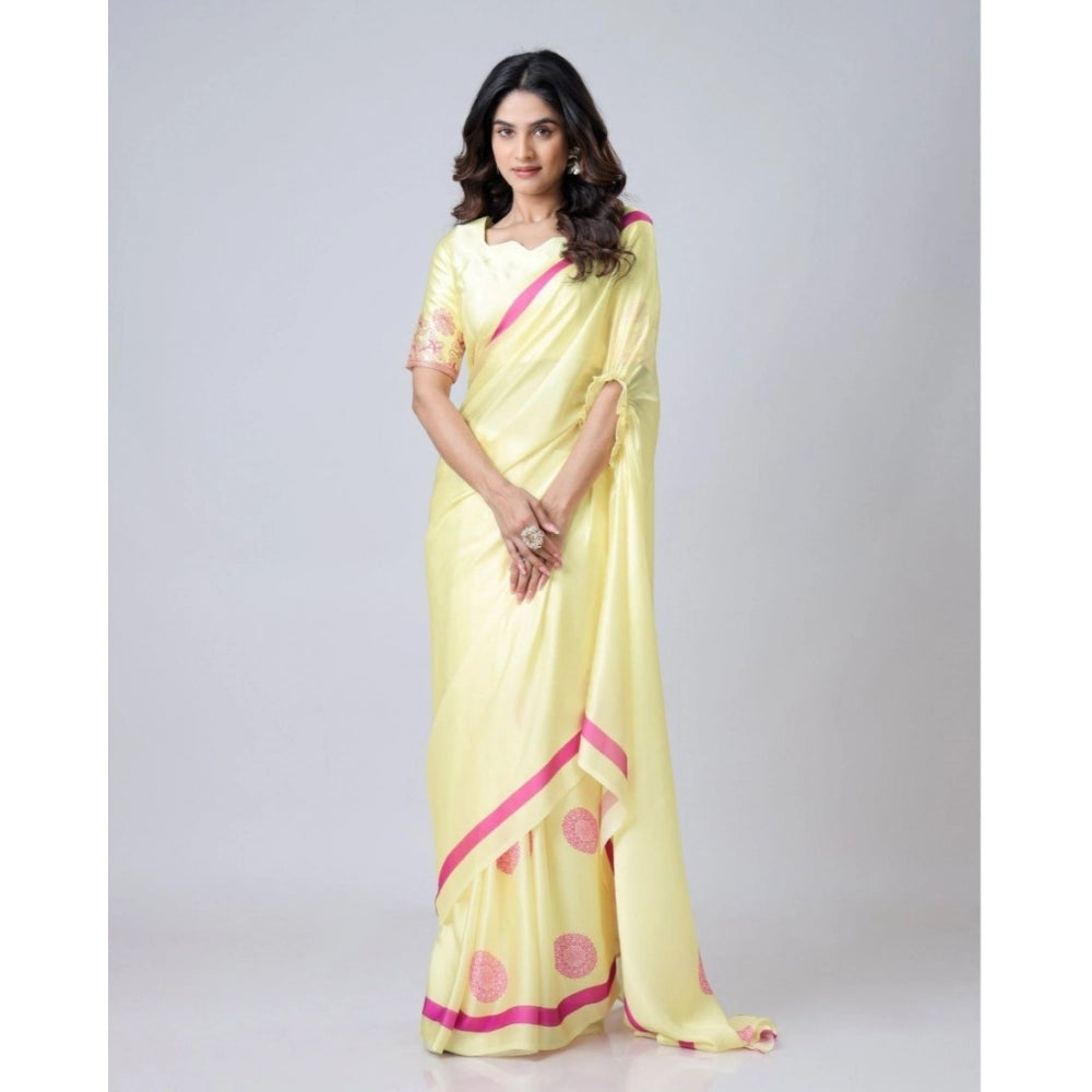 Generic Women's Soft Crepe Silk Printed Ready To Wear Saree With Unstitched Blouse 5.5Mtr (Light Yellow) Secondary image