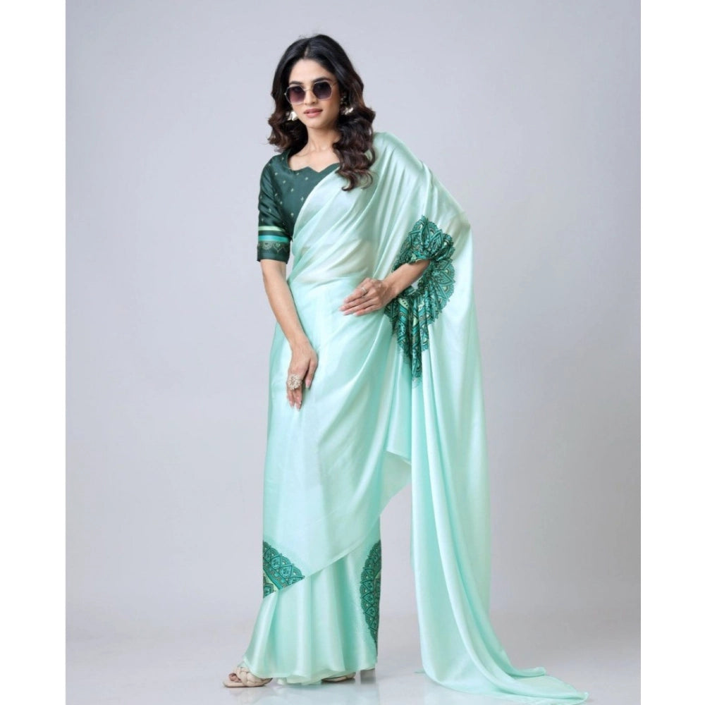Generic Women's Soft Crepe Silk Printed Ready To Wear Saree With Unstitched Blouse 5.5Mtr (Green) Main image