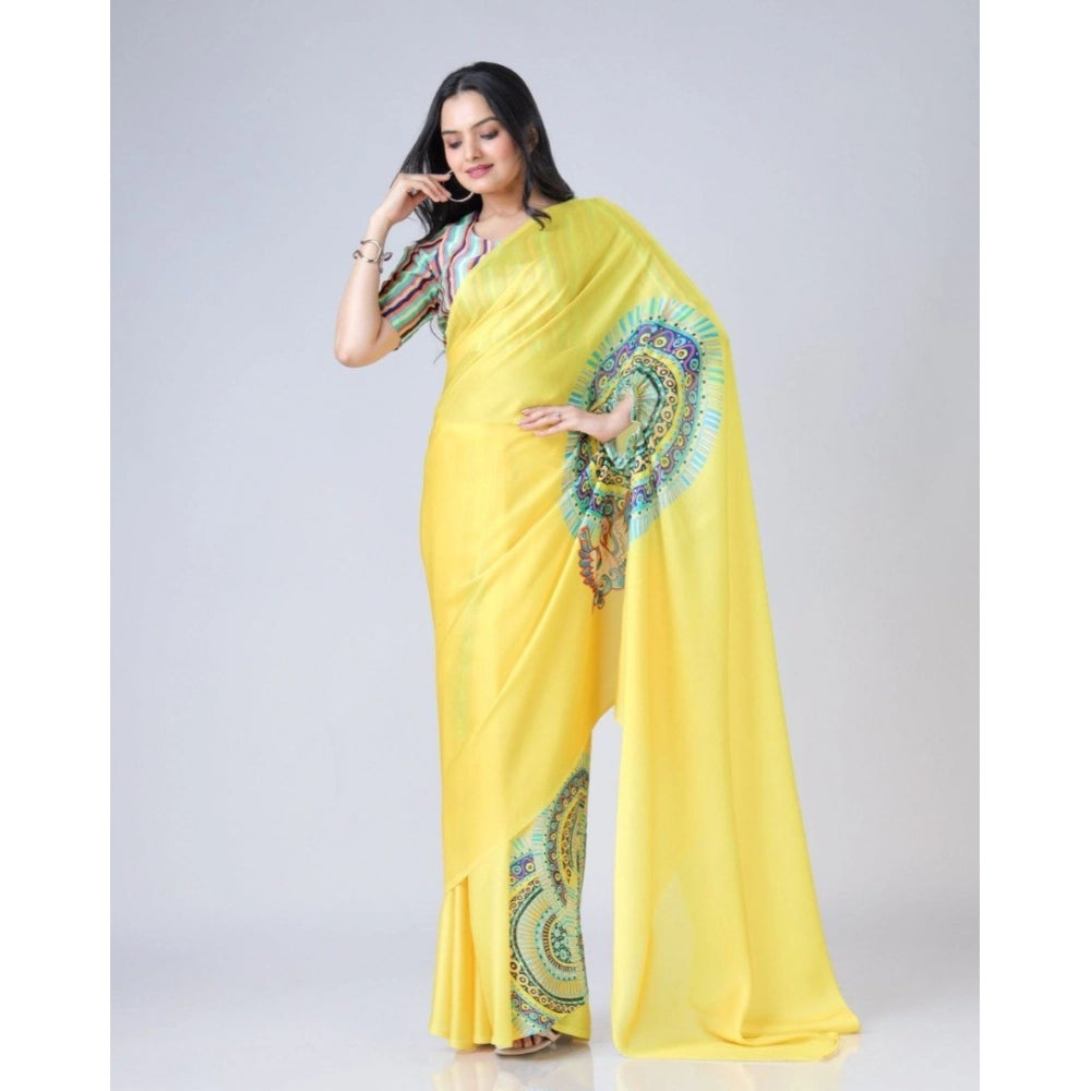 Generic Women's Soft Crepe Silk Printed Ready To Wear Saree With Unstitched Blouse 5.5Mtr (Yellow) Main image