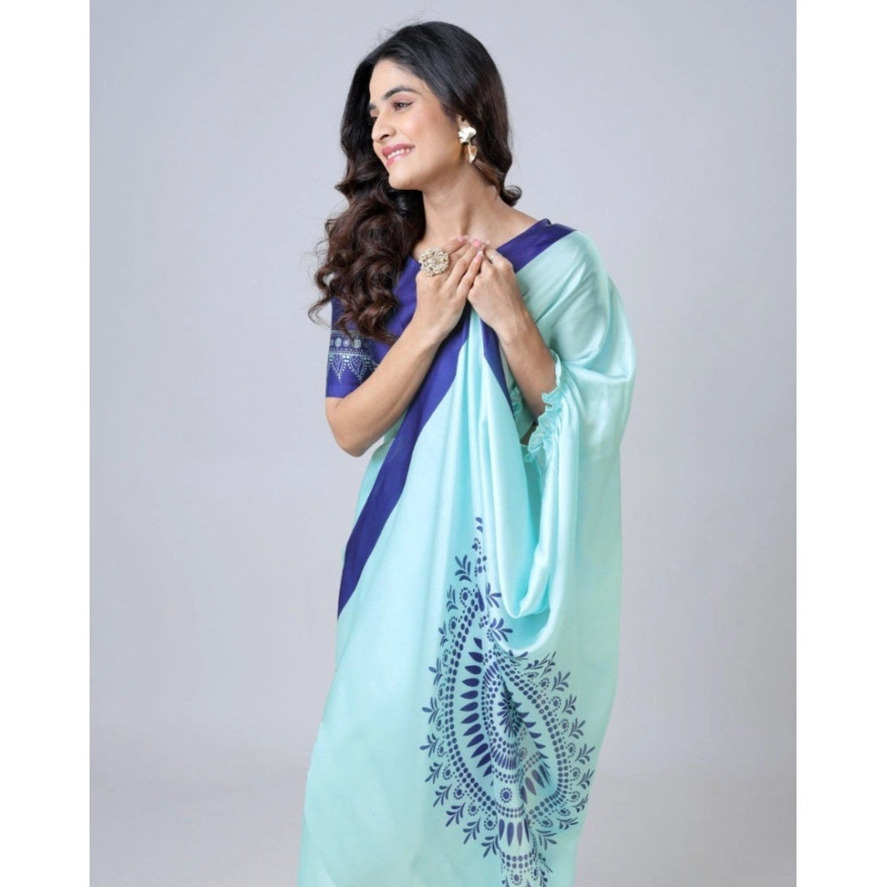 Generic Women's Soft Crepe Silk Printed Ready To Wear Saree With Unstitched Blouse 5.5Mtr (Turquoise) Secondary image