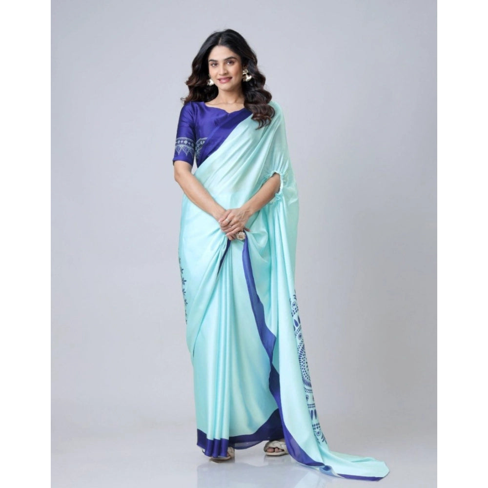 Generic Women's Soft Crepe Silk Printed Ready To Wear Saree With Unstitched Blouse 5.5Mtr (Turquoise) Main image