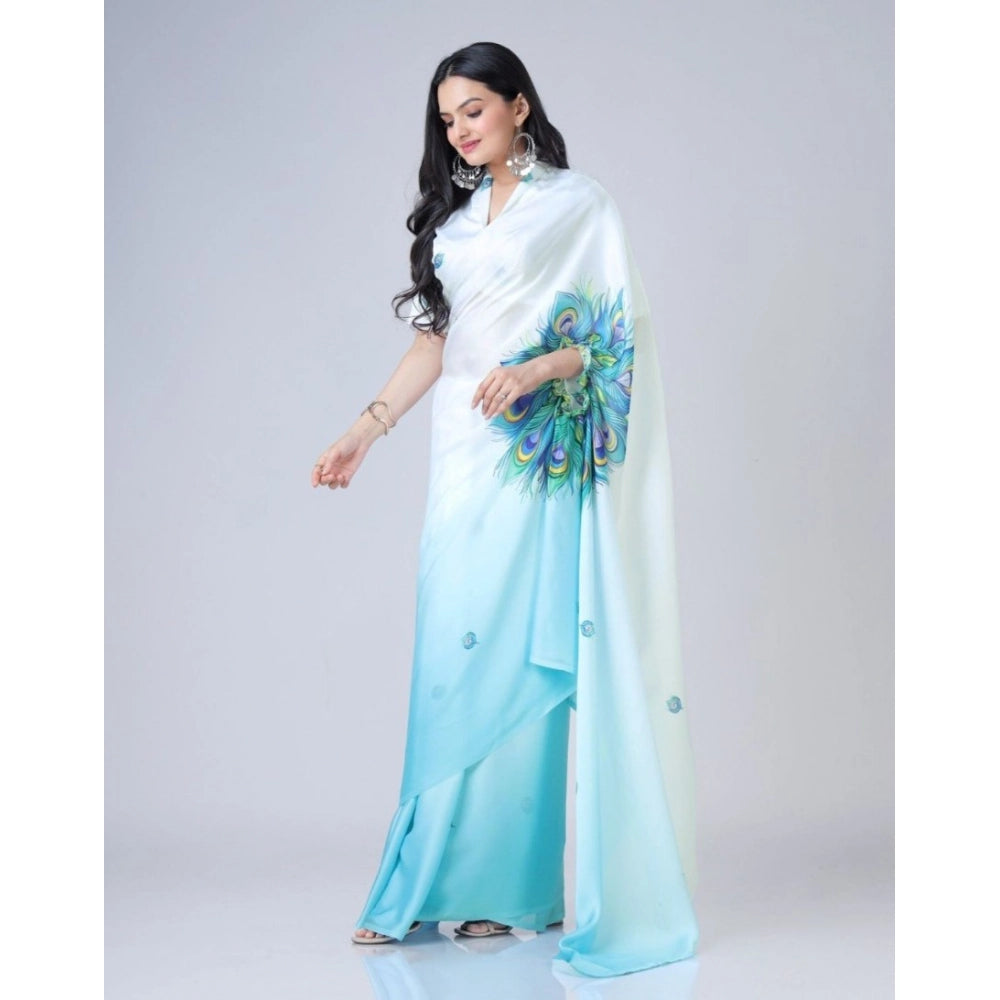 Generic Women's Soft Crepe Silk Printed Ready To Wear Saree With Unstitched Blouse 5.5Mtr (Sky Blue) Secondary image