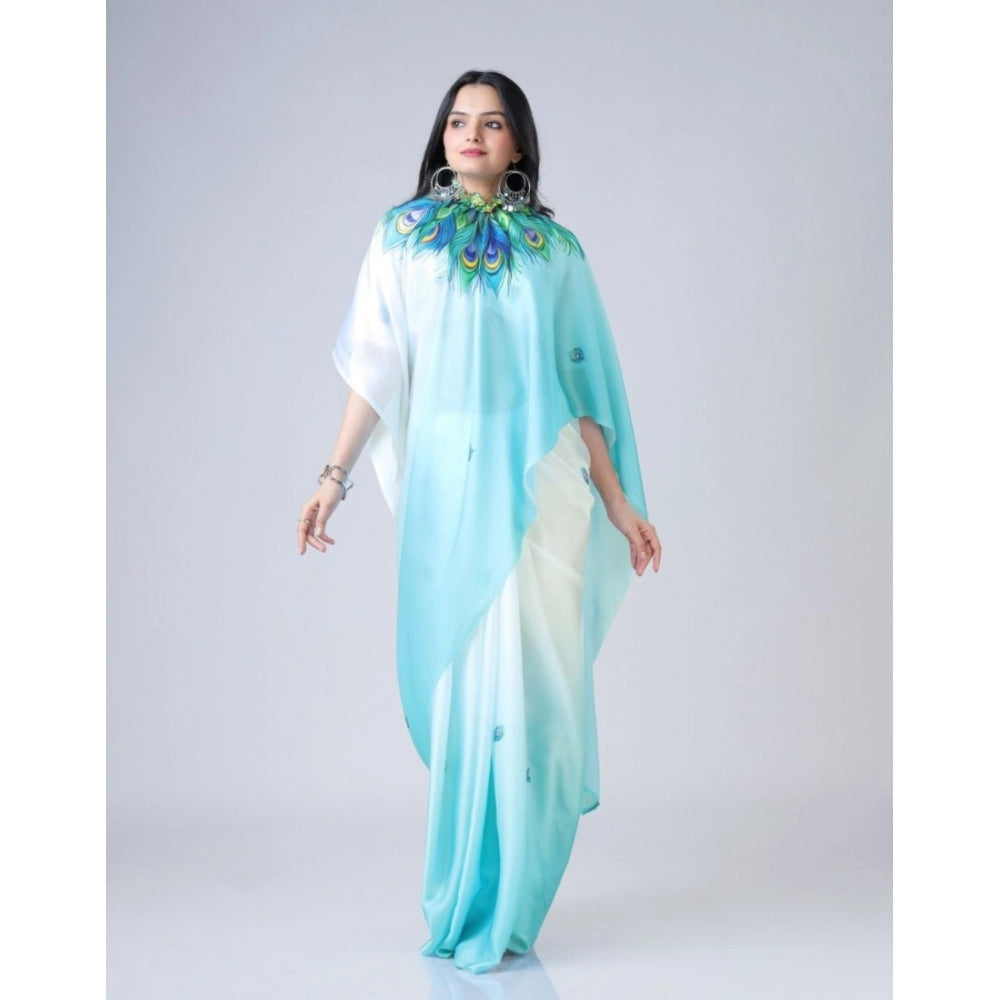 Generic Women's Soft Crepe Silk Printed Ready To Wear Saree With Unstitched Blouse 5.5Mtr (Sky Blue) Main image