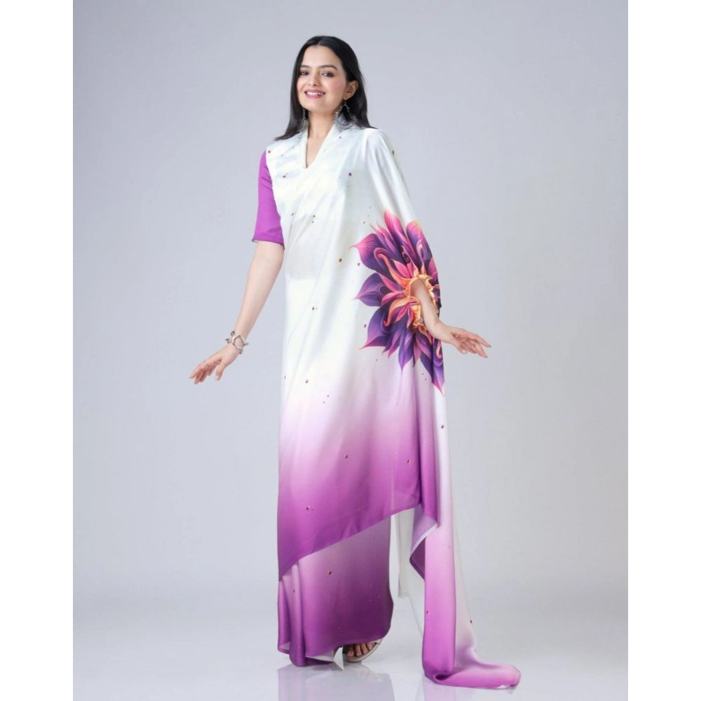 Generic Women's Soft Crepe Silk Printed Ready To Wear Saree With Unstitched Blouse 5.5Mtr (Purple) Secondary image