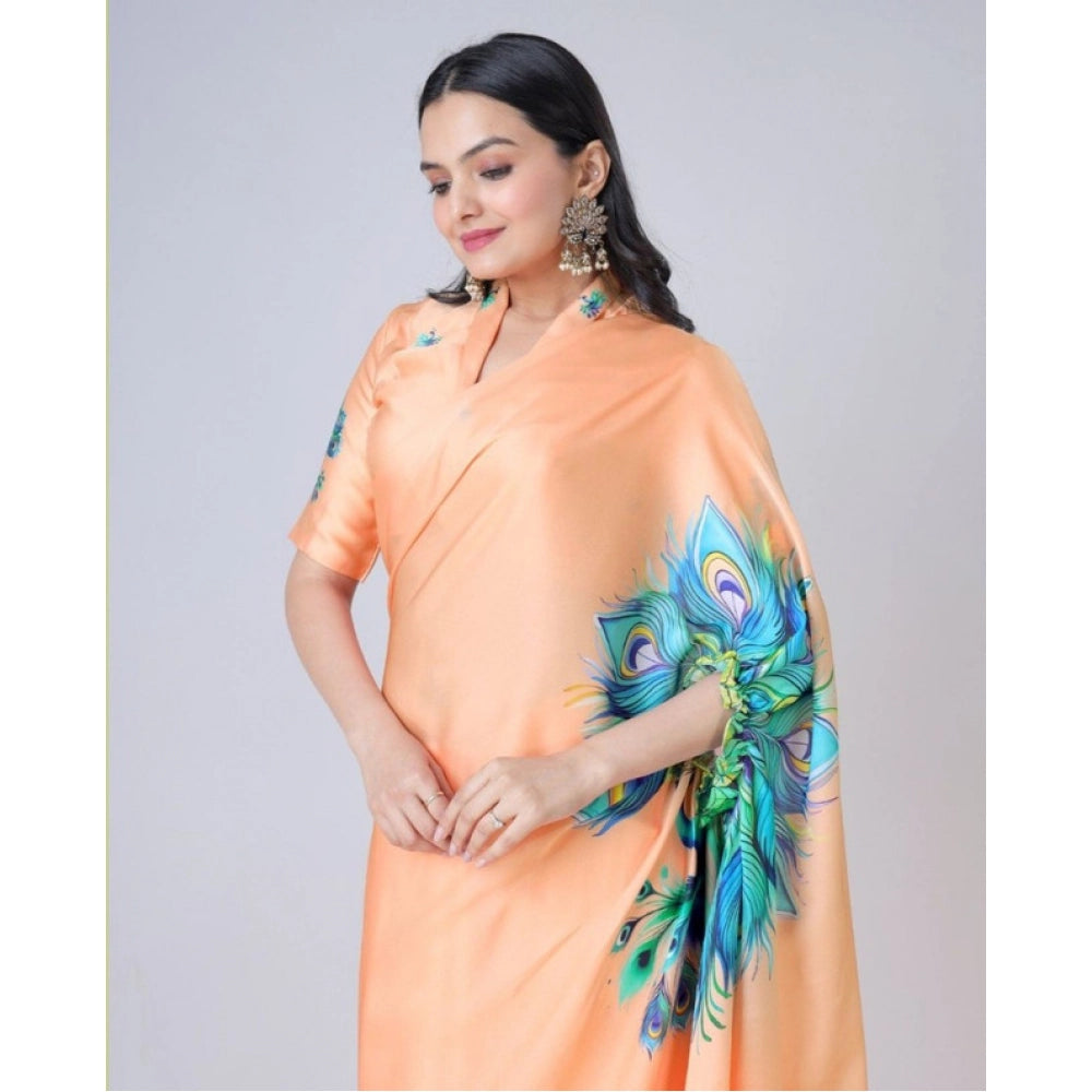 Generic Women's Soft Crepe Silk Printed Ready To Wear Saree With Unstitched Blouse 5.5Mtr (Orange) Secondary image