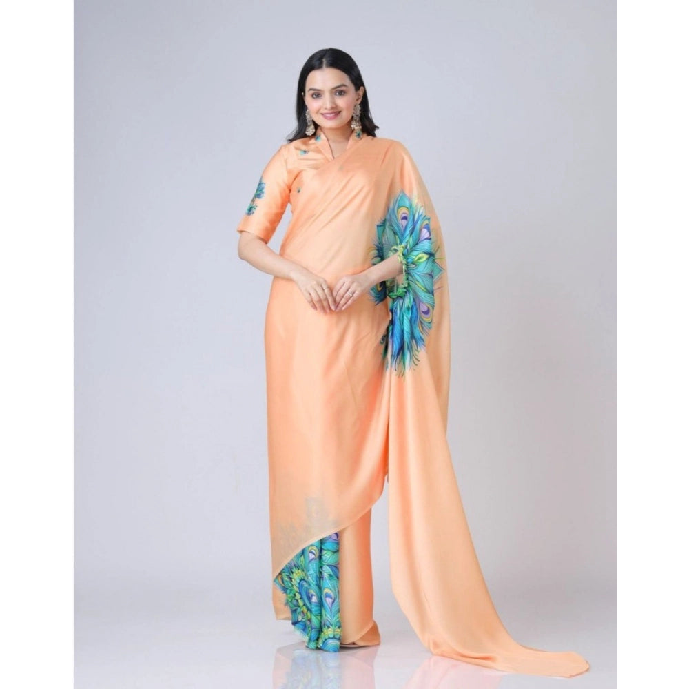 Generic Women's Soft Crepe Silk Printed Ready To Wear Saree With Unstitched Blouse 5.5Mtr (Orange) Main image