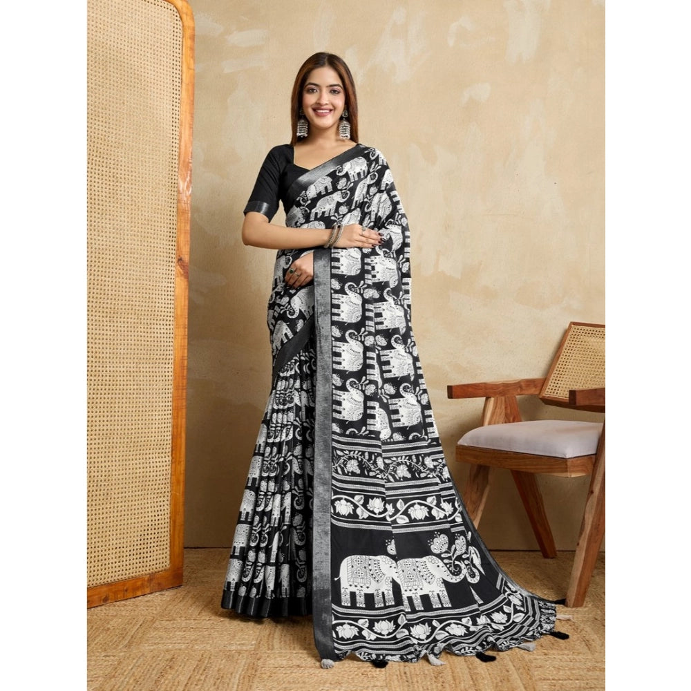Generic Women's Silk Blend Printed Saree With Unstitched Blouse 5.5Mtr (Black) Main image
