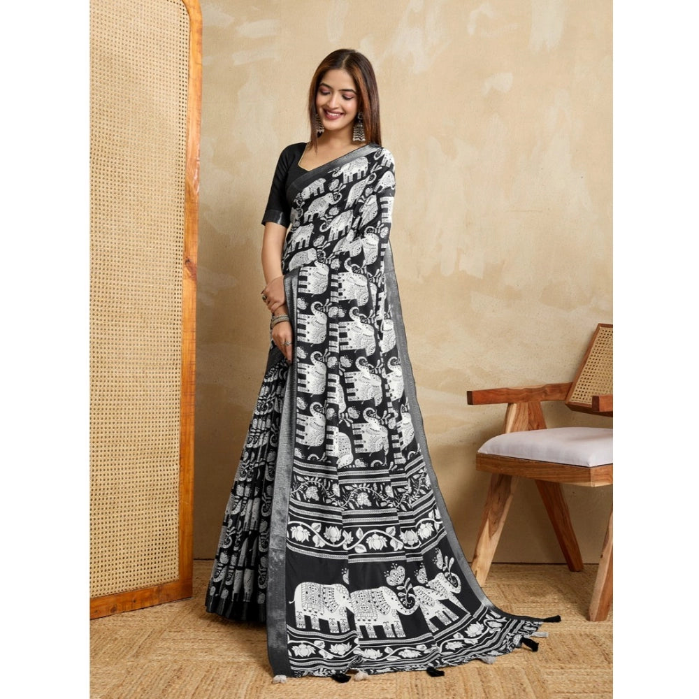 Generic Women's Silk Blend Printed Saree With Unstitched Blouse 5.5Mtr (Black) Secondary image