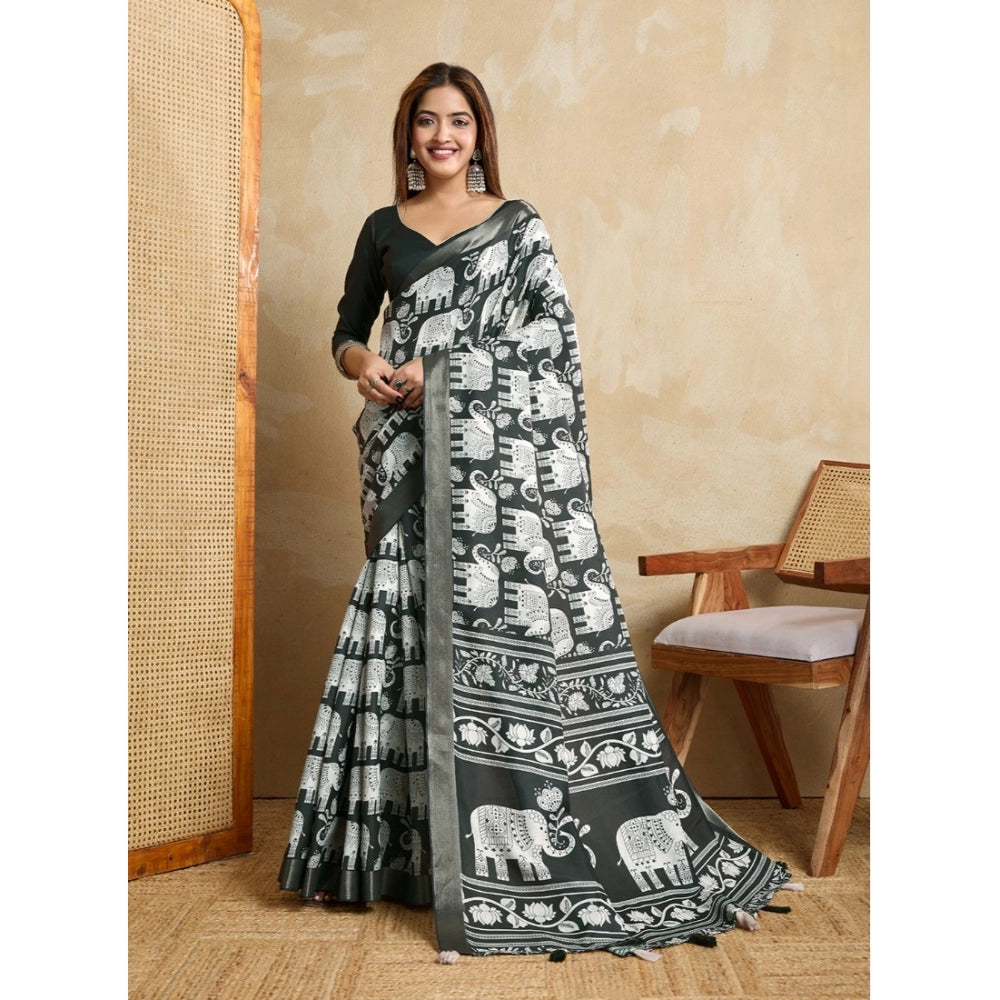 Generic Women's Silk Blend Printed Saree With Unstitched Blouse 5.5Mtr (Green) Main image