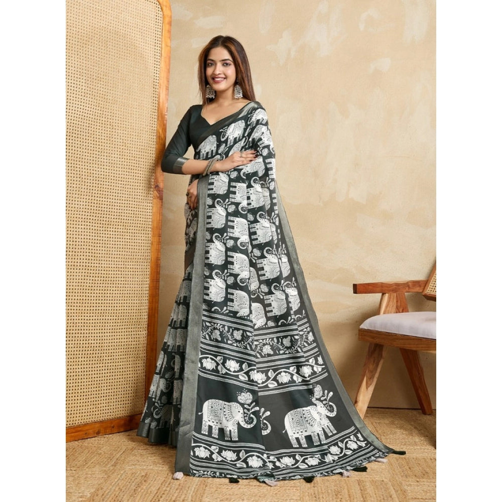 Generic Women's Silk Blend Printed Saree With Unstitched Blouse 5.5Mtr (Green) Secondary image