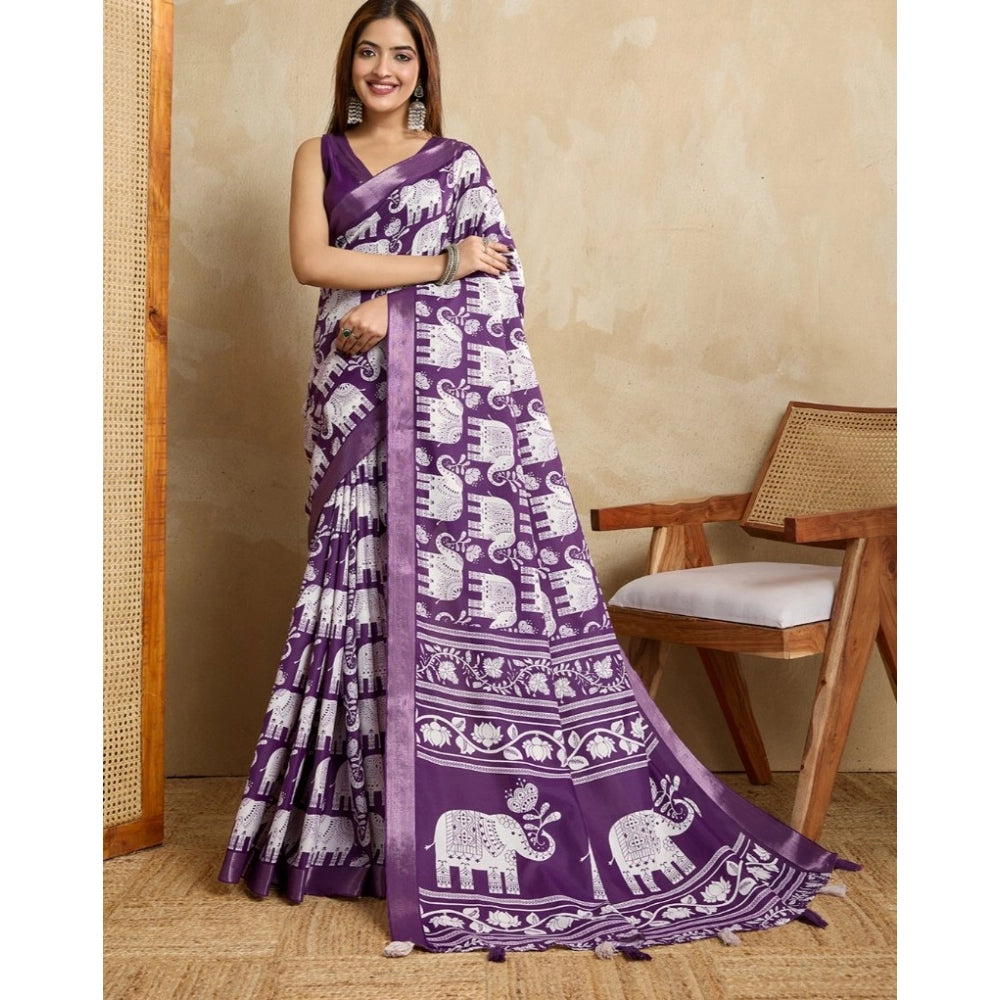 Generic Women's Silk Blend Printed Saree With Unstitched Blouse 5.5Mtr (Purple) Main image