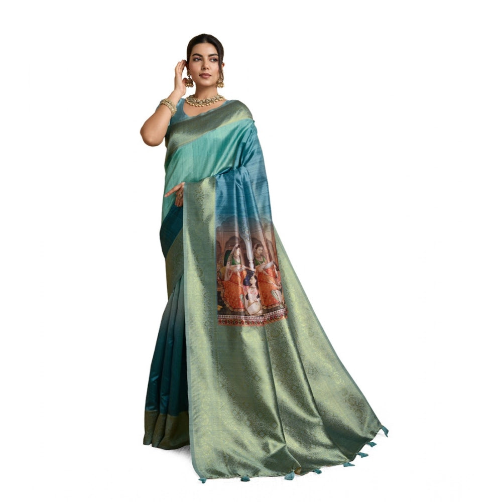 Generic Women's Silk Printed Saree With Unstitched Blouse 5.5Mtr (Blue) Main image