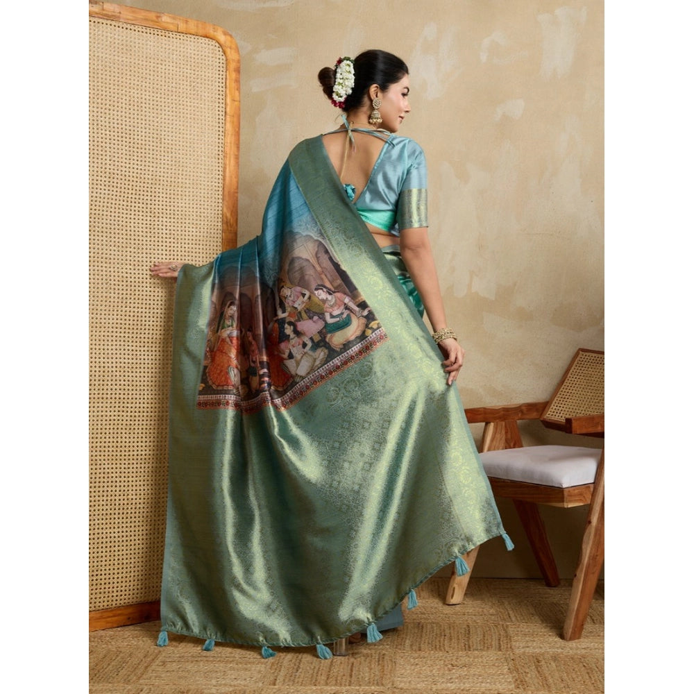 Generic Women's Silk Printed Saree With Unstitched Blouse 5.5Mtr (Blue) Secondary image