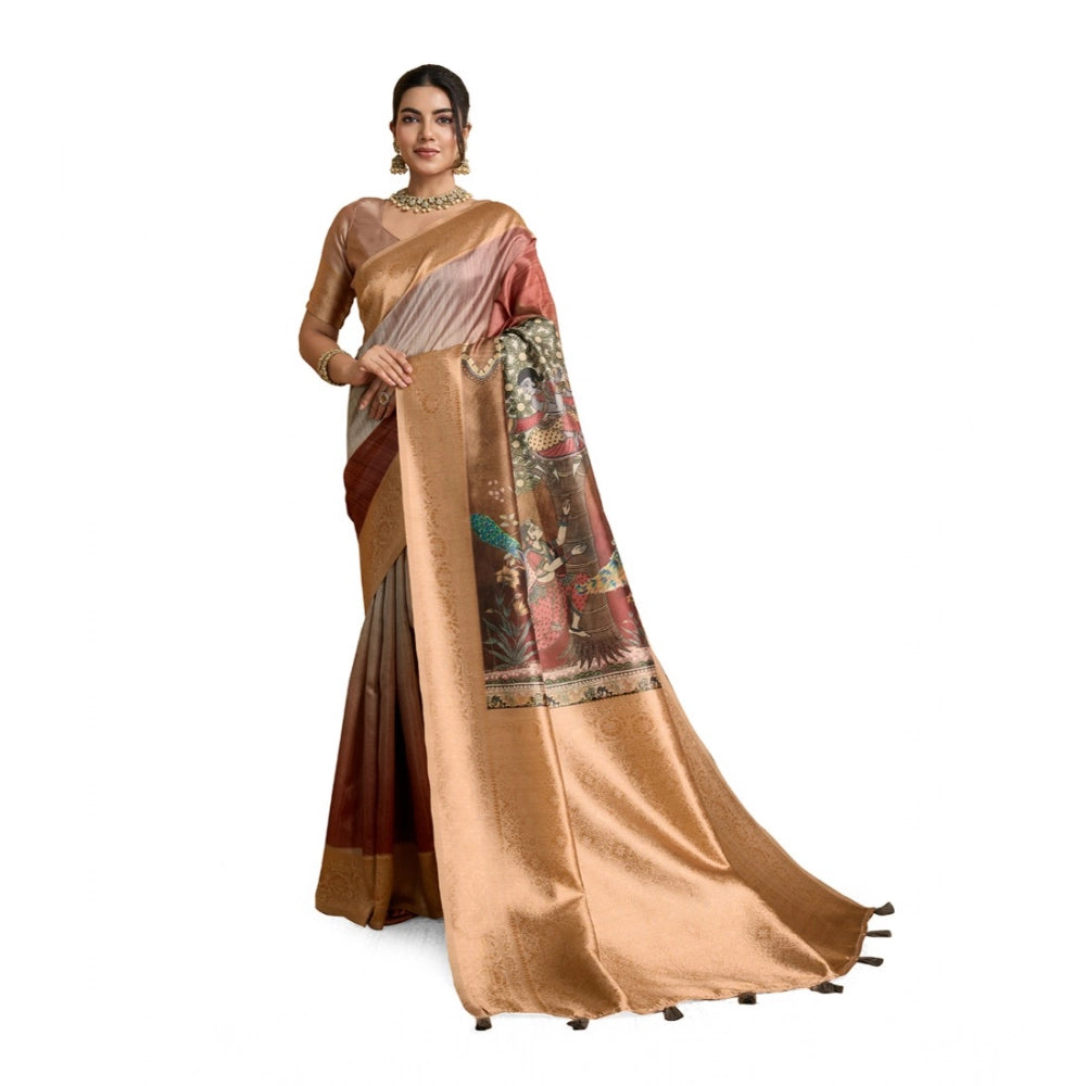 Generic Women's Silk Printed Saree With Unstitched Blouse 5.5Mtr (Brown) Main image