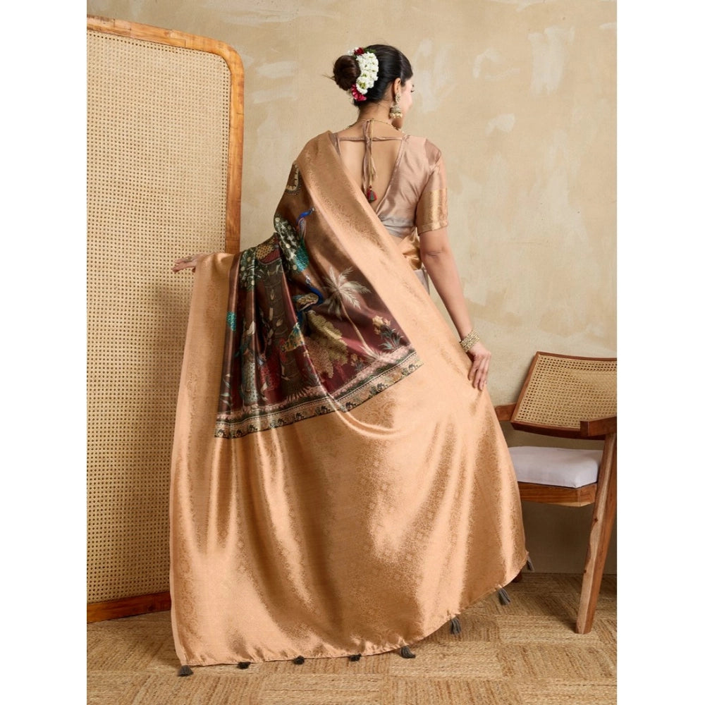 Generic Women's Silk Printed Saree With Unstitched Blouse 5.5Mtr (Brown) Secondary image