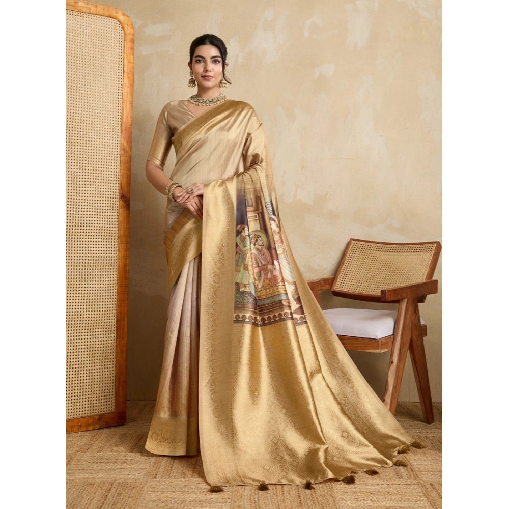 Generic Women's Silk Printed Saree With Unstitched Blouse 5.5Mtr (Gold) Main image