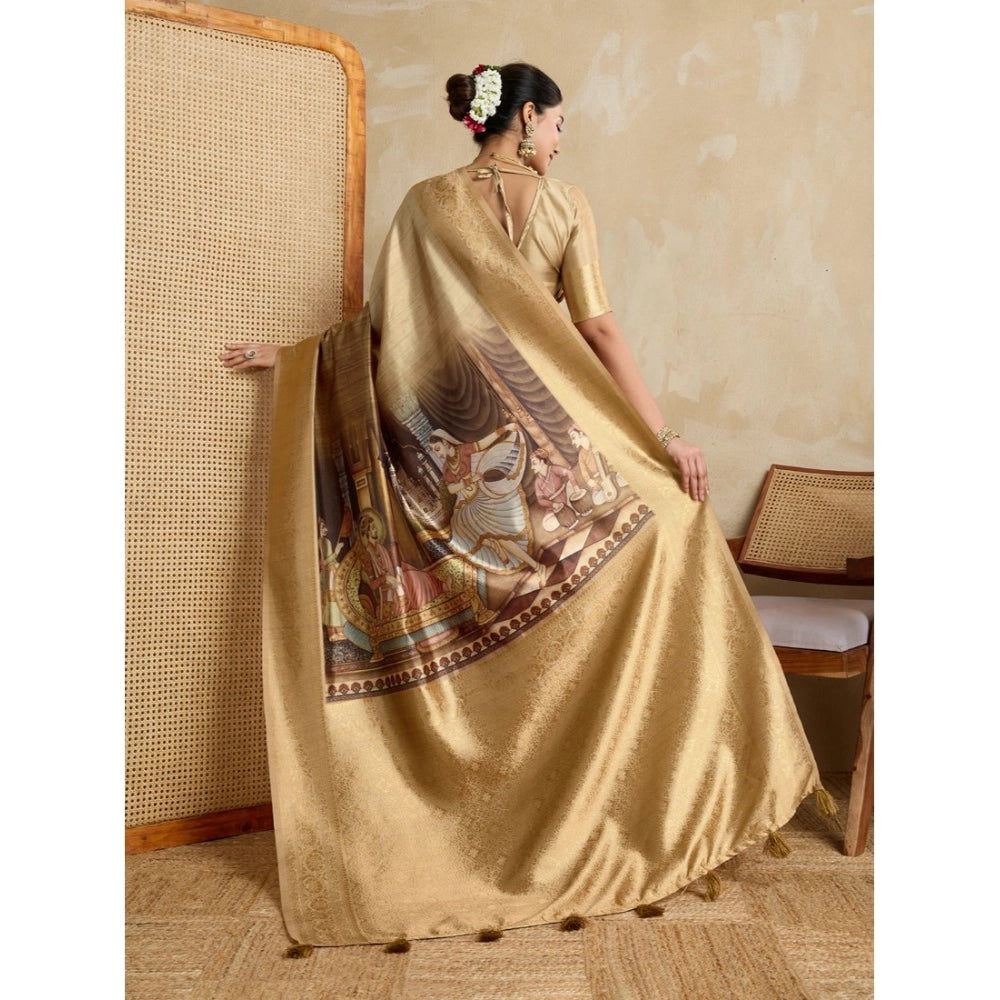 Generic Women's Silk Printed Saree With Unstitched Blouse 5.5Mtr (Gold) Secondary image