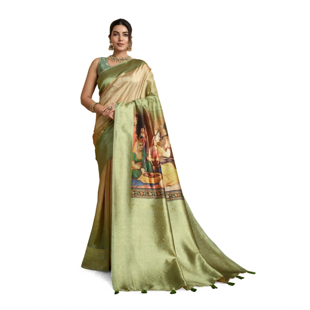 Generic Women's Silk Printed Saree With Unstitched Blouse 5.5Mtr (Mehendi) Main image