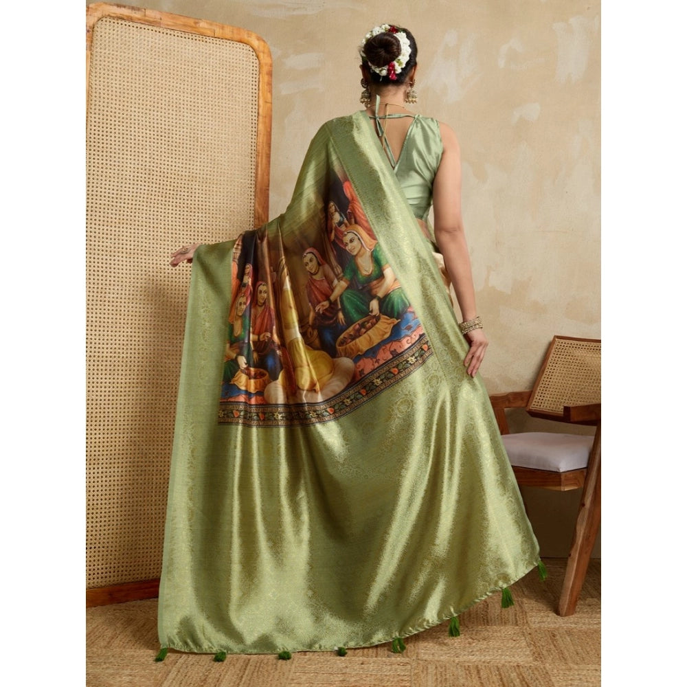 Generic Women's Silk Printed Saree With Unstitched Blouse 5.5Mtr (Mehendi) Secondary image