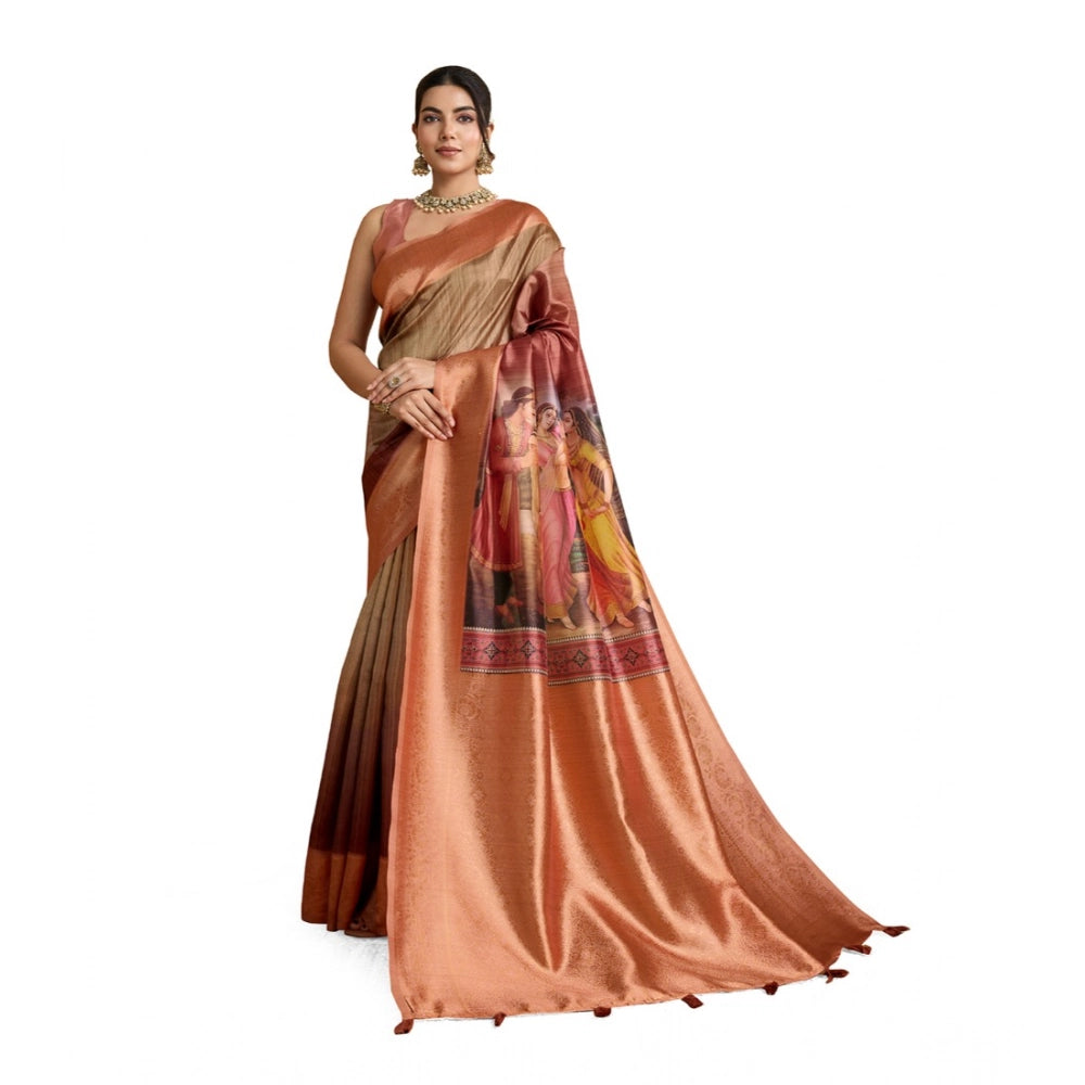 Generic Women's Silk Printed Saree With Unstitched Blouse 5.5Mtr (Peach) Main image