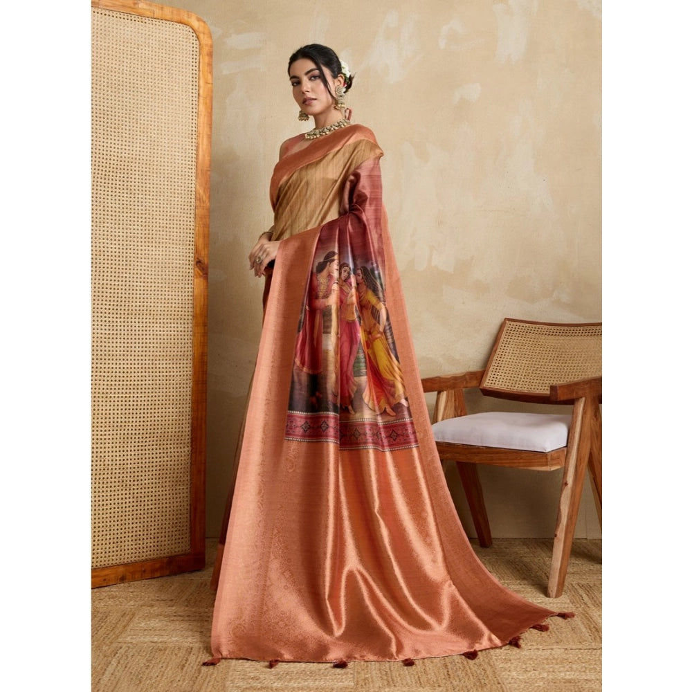 Generic Women's Silk Printed Saree With Unstitched Blouse 5.5Mtr (Peach) Secondary image