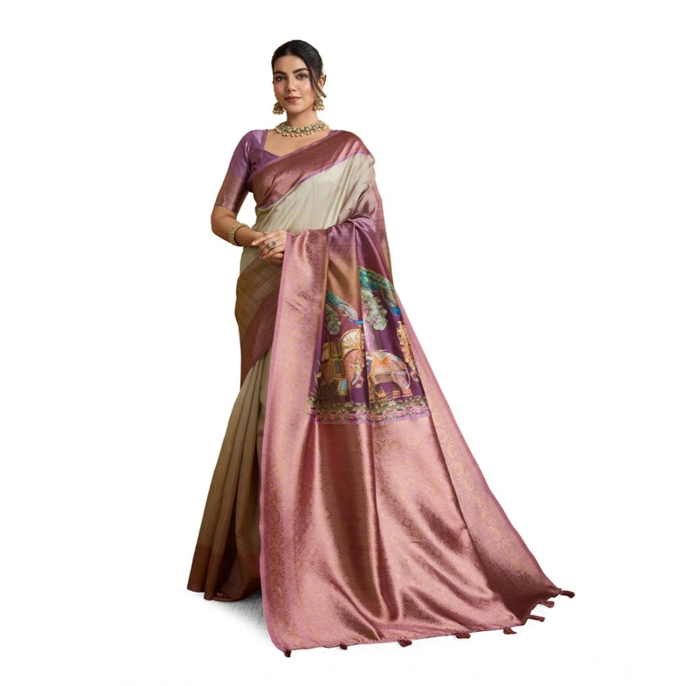 Generic Women's Silk Printed Saree With Unstitched Blouse 5.5Mtr (Wine) Main image