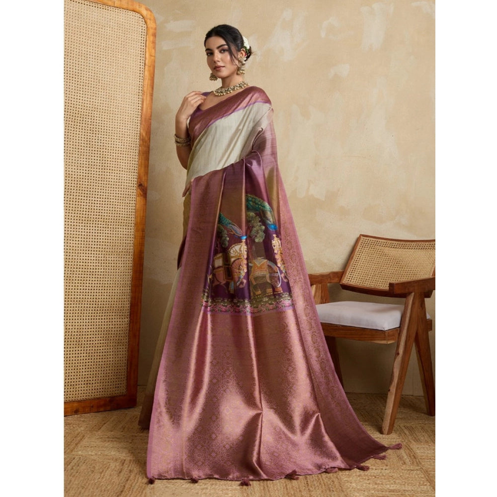 Generic Women's Silk Printed Saree With Unstitched Blouse 5.5Mtr (Wine) Secondary image