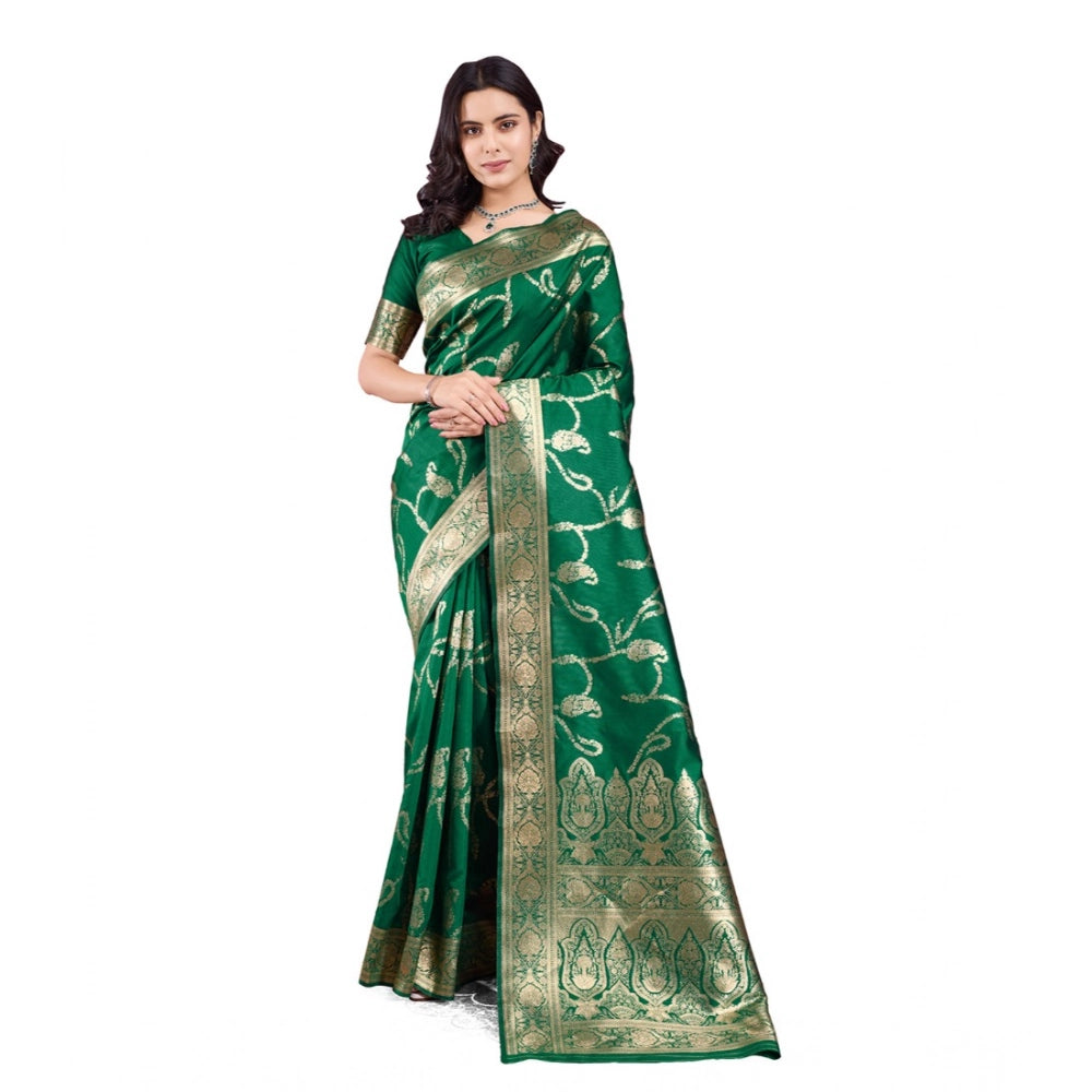 Generic Women's Banarasi Silk Printed Saree With Unstitched Blouse 5.5Mtr (Green) Main image