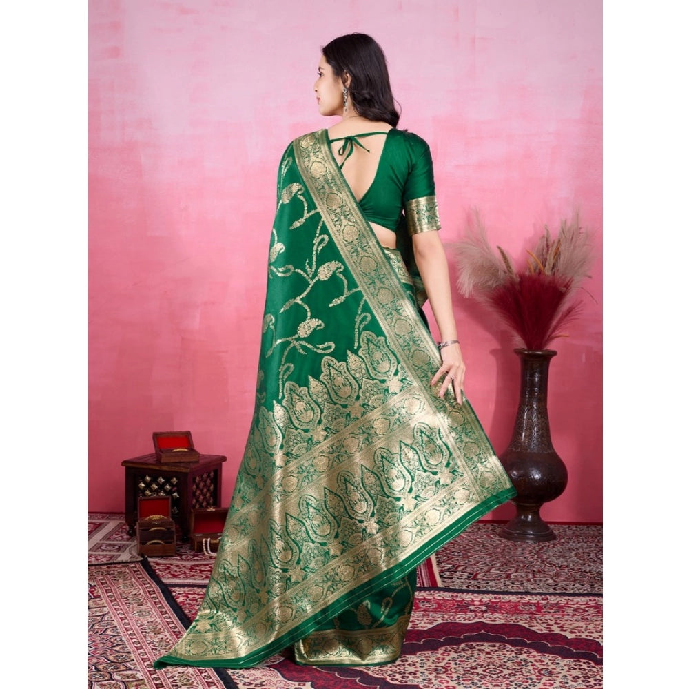 Generic Women's Banarasi Silk Printed Saree With Unstitched Blouse 5.5Mtr (Green)