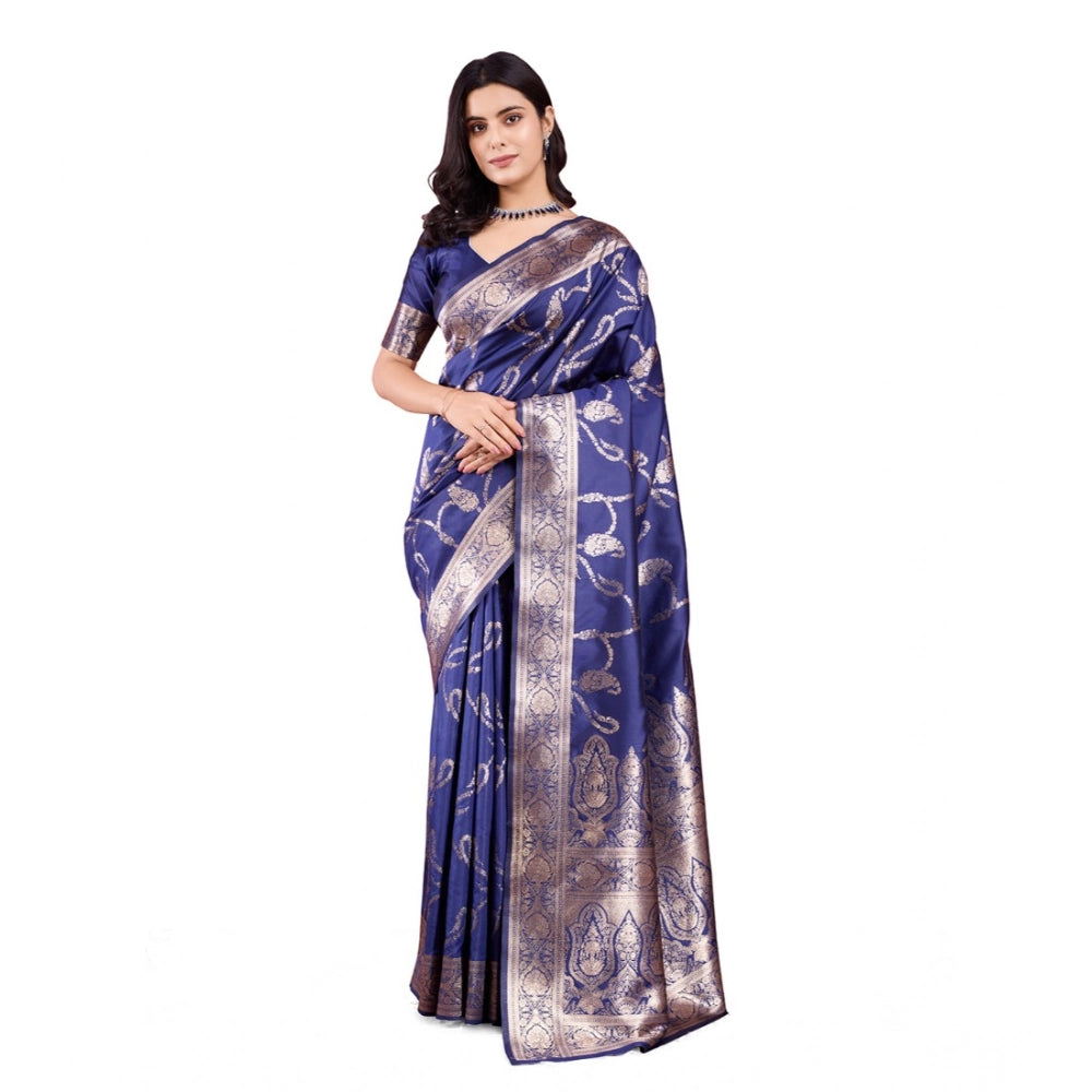 Generic Women's Banarasi Silk Printed Saree With Unstitched Blouse 5.5Mtr (Blue)