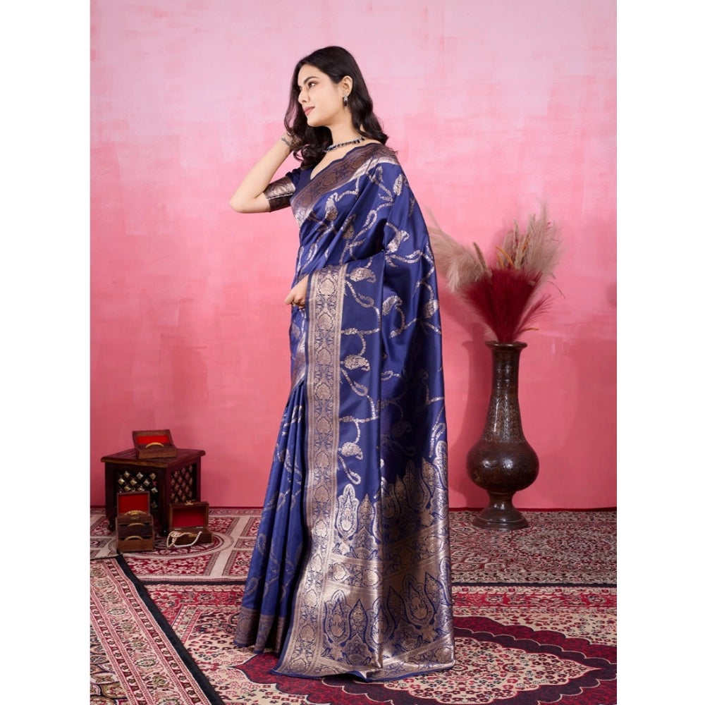 Generic Women's Banarasi Silk Printed Saree With Unstitched Blouse 5.5Mtr (Blue) Secondary image