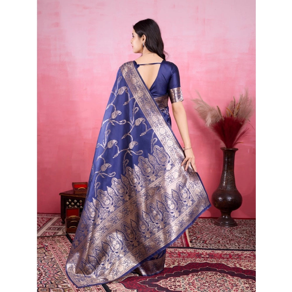 Generic Women's Banarasi Silk Printed Saree With Unstitched Blouse 5.5Mtr (Blue)