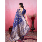 Generic Women's Banarasi Silk Printed Saree With Unstitched Blouse 5.5Mtr (Blue)