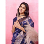 Generic Women's Banarasi Silk Printed Saree With Unstitched Blouse 5.5Mtr (Blue)