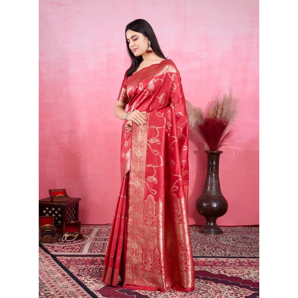 Generic Women's Banarasi Silk Printed Saree With Unstitched Blouse 5.5Mtr (Red) Secondary image