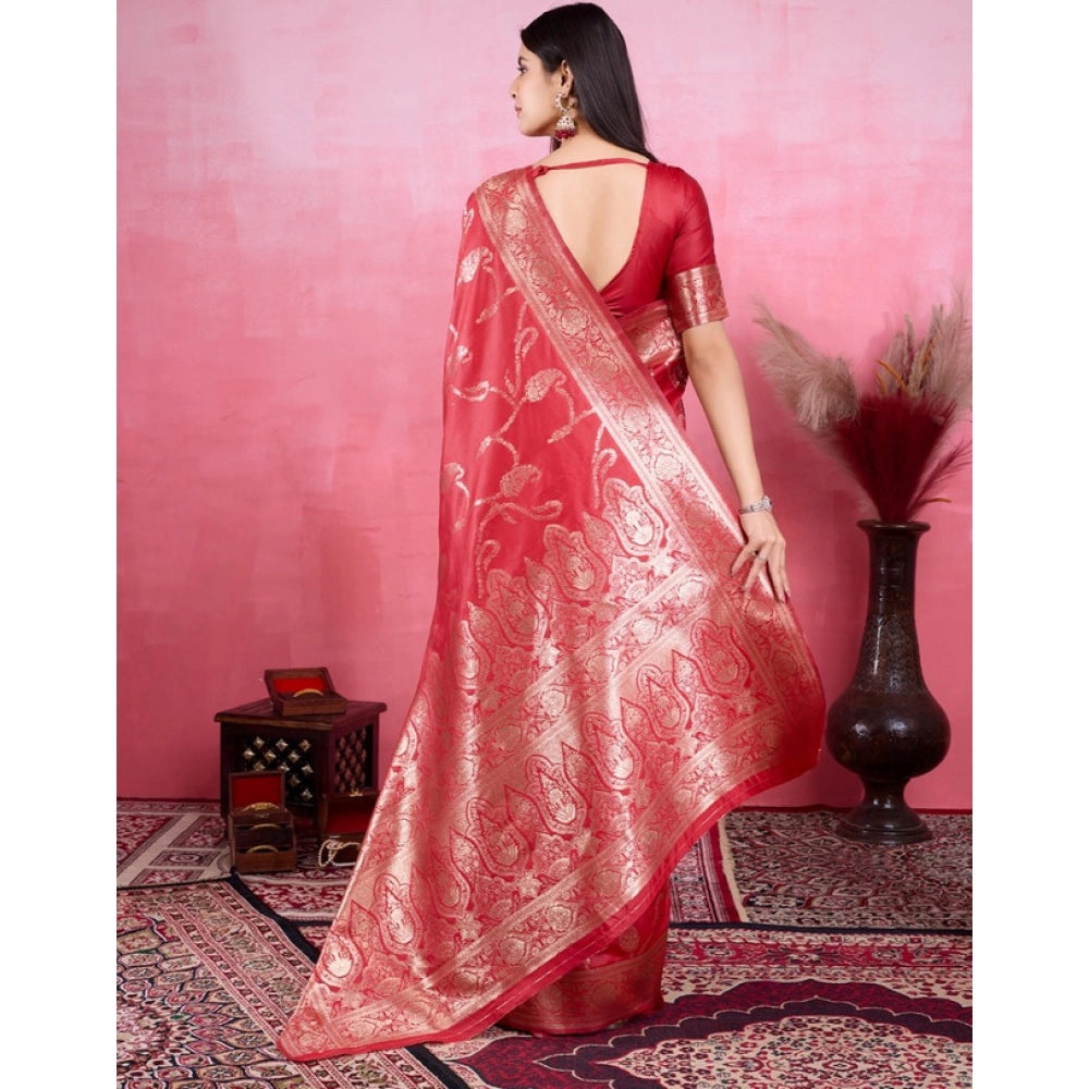 Generic Women's Banarasi Silk Printed Saree With Unstitched Blouse 5.5Mtr (Red)