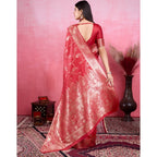Generic Women's Banarasi Silk Printed Saree With Unstitched Blouse 5.5Mtr (Red)