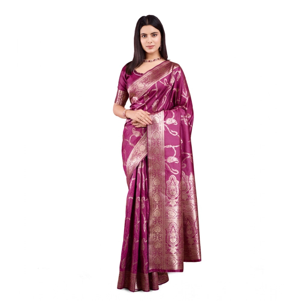Generic Women's Banarasi Silk Printed Saree With Unstitched Blouse 5.5Mtr (Wine) Main image