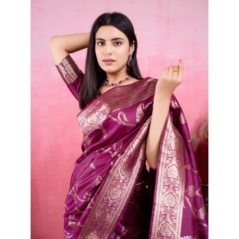 Generic Women's Banarasi Silk Printed Saree With Unstitched Blouse 5.5Mtr (Wine)