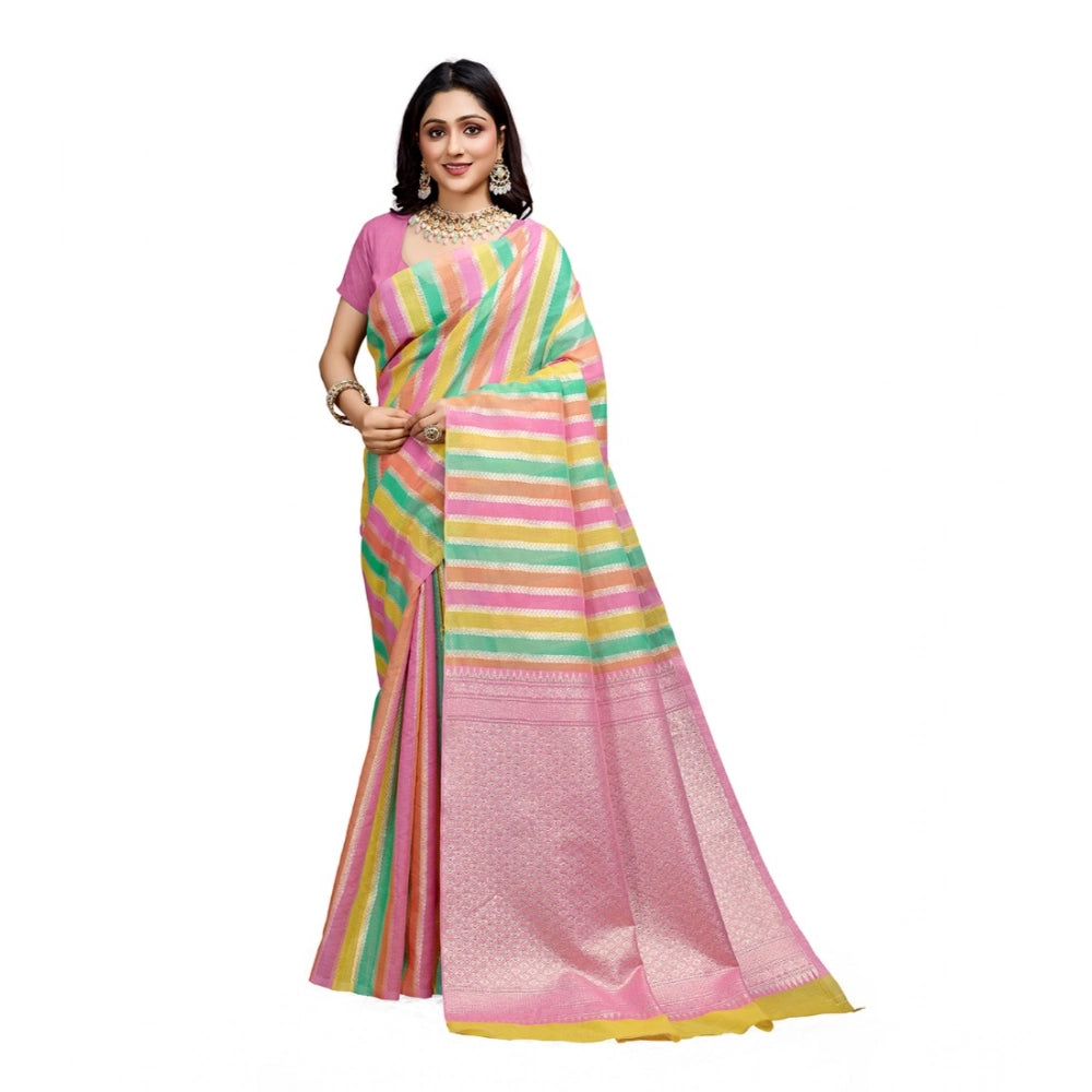 Generic Women's Cotton Blended Printed Saree With Unstitched Blouse 5.5Mtr (Pink) Main image