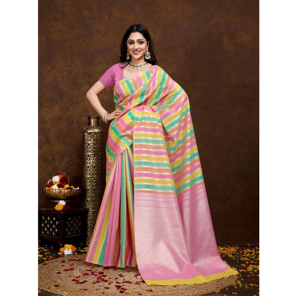 Generic Women's Cotton Blended Printed Saree With Unstitched Blouse 5.5Mtr (Pink) Secondary image