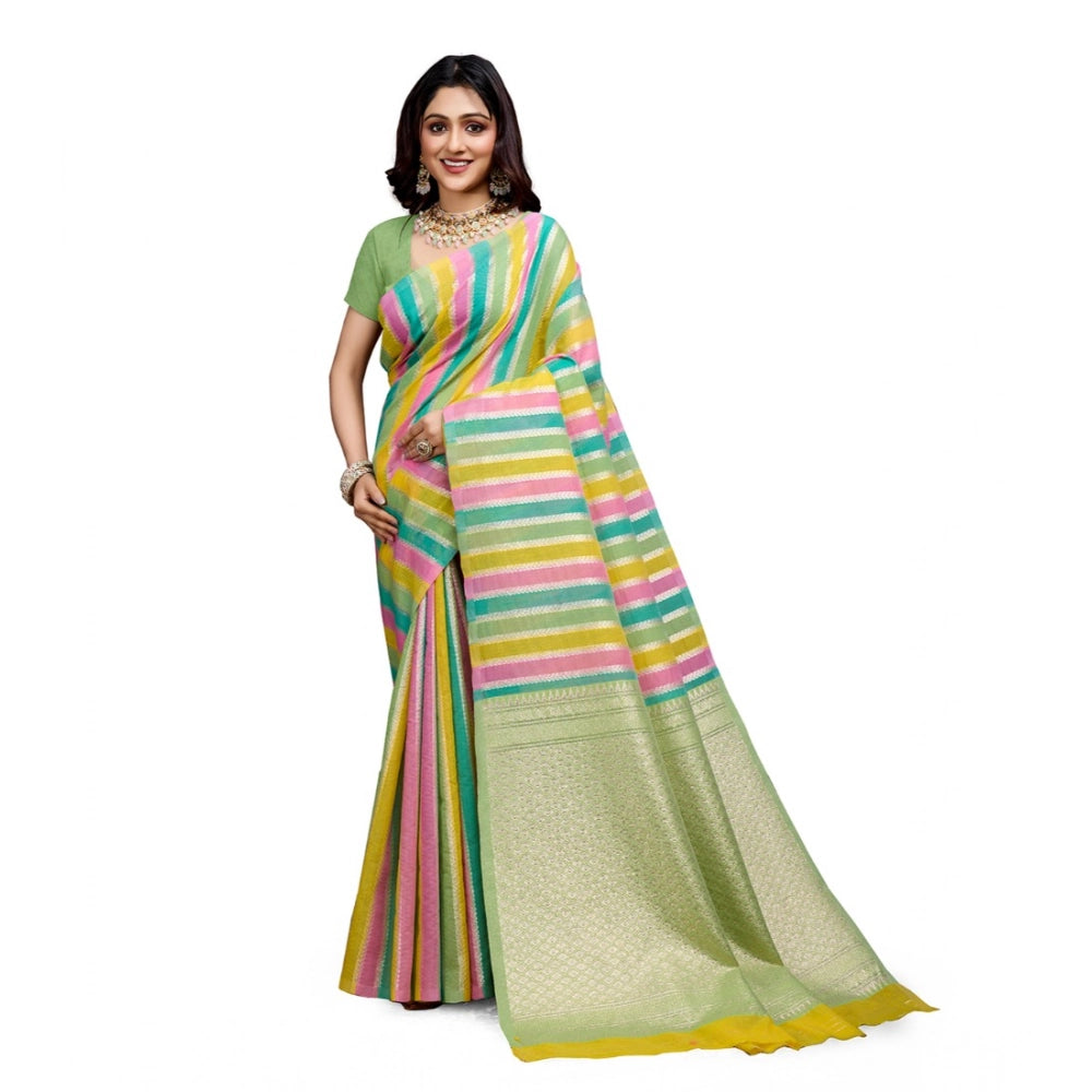 Generic Women's Cotton Blended Printed Saree With Unstitched Blouse 5.5Mtr (Pista) Main image