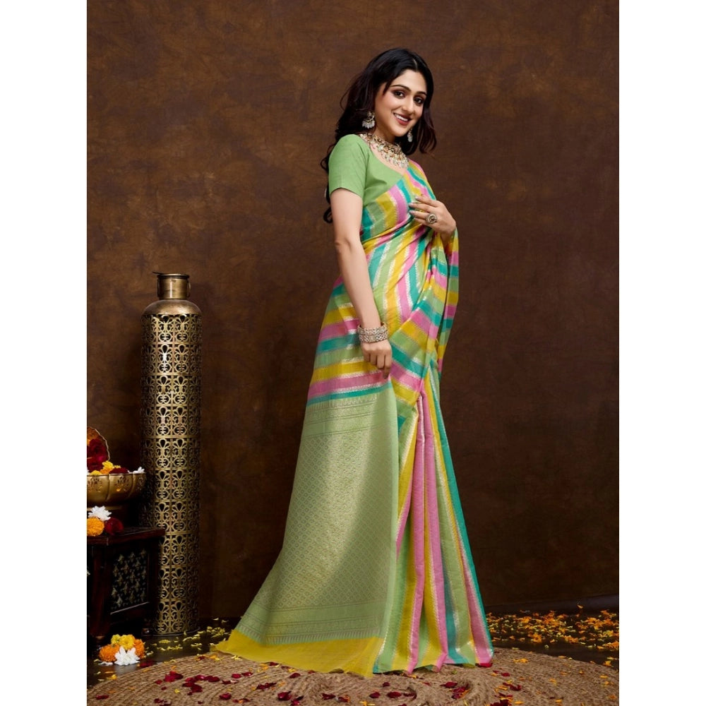 Generic Women's Cotton Blended Printed Saree With Unstitched Blouse 5.5Mtr (Pista) Secondary image