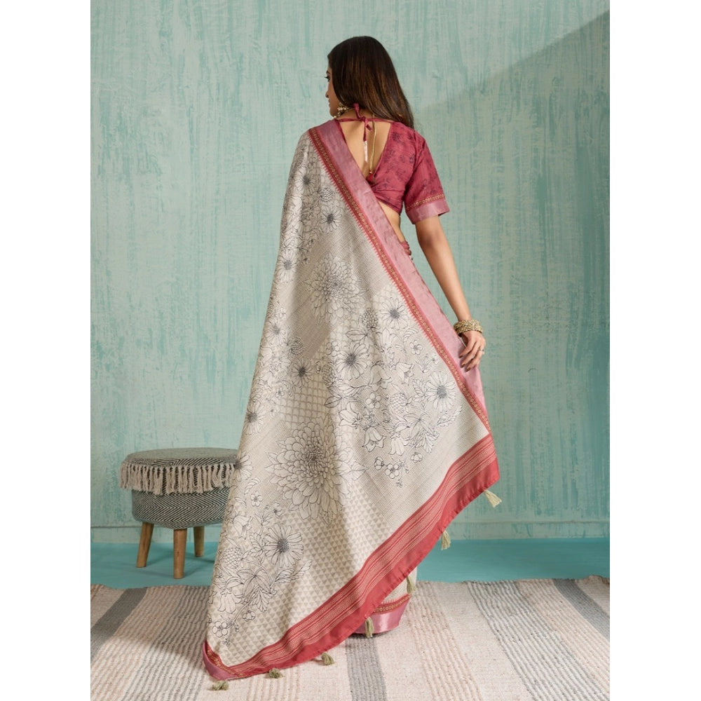 Generic Women's Silk Blend Printed Saree With Unstitched Blouse 5.5Mtr (Beige) Secondary image